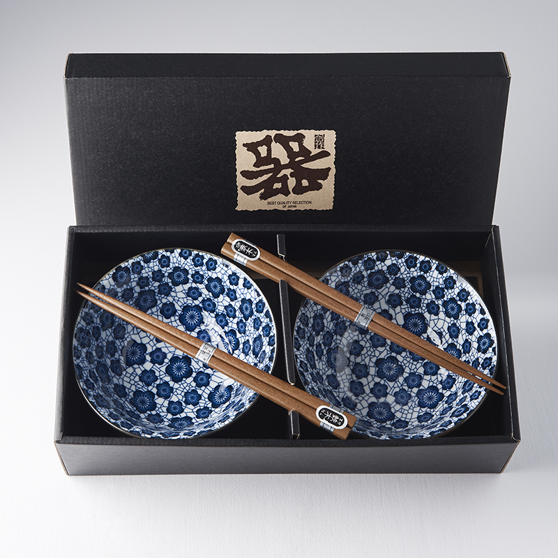 Zestaw ceramicznych misek we wzór kwiatów śliwki 2 x 400 ml z pałeczkami