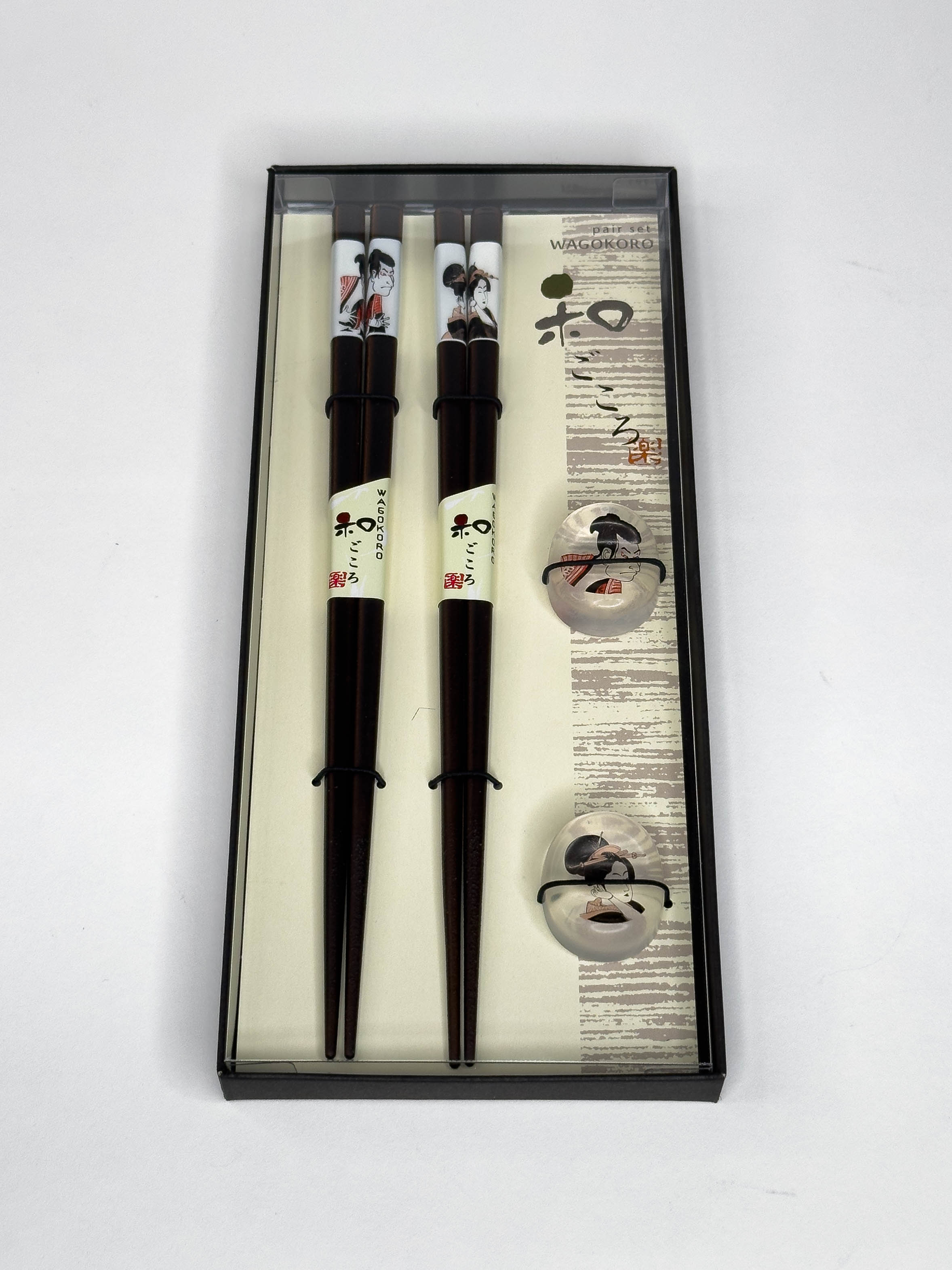 Zestaw dwóch par pałeczek z podstawkami ukiyo-e aktor kabuki i Tatsumi Roko