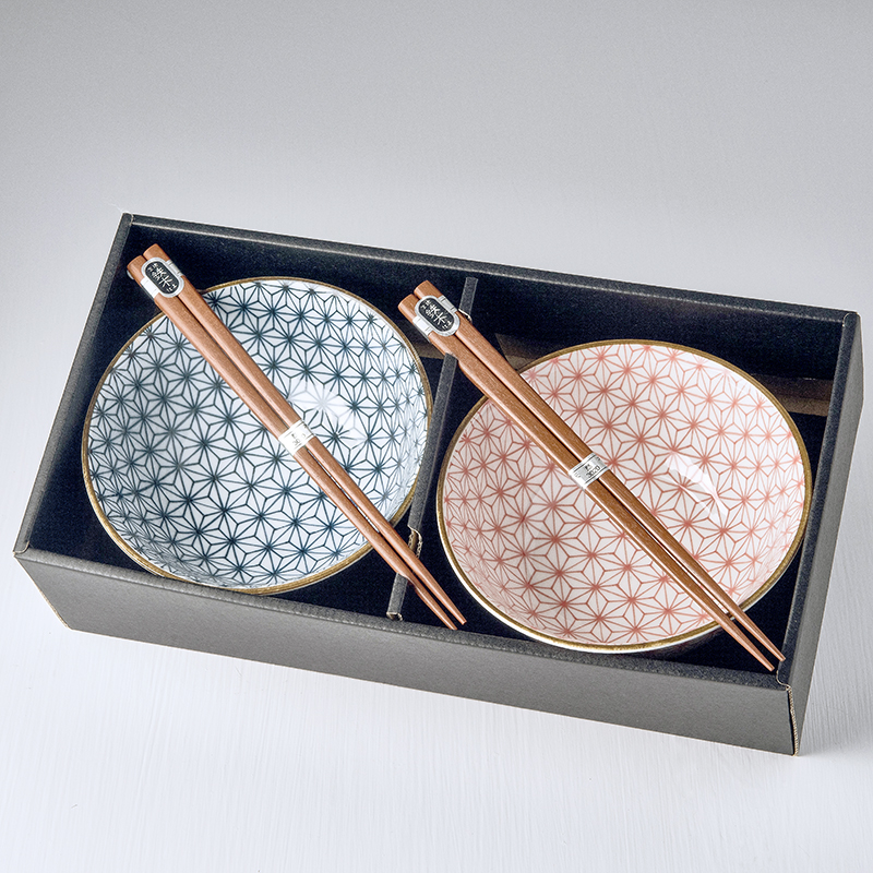 Zestaw ceramicznych misek we wzór asanoha 2 x 400 ml z pałeczkami